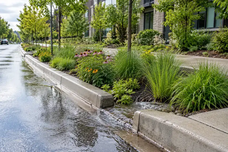 Planted rain garden depression beside an urban walkway with a defined stormwater inlet