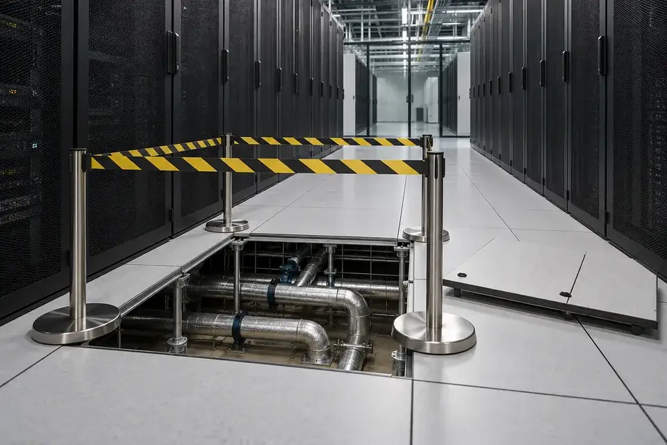 A guarded raised-floor opening exposing water-service pipes between server racks