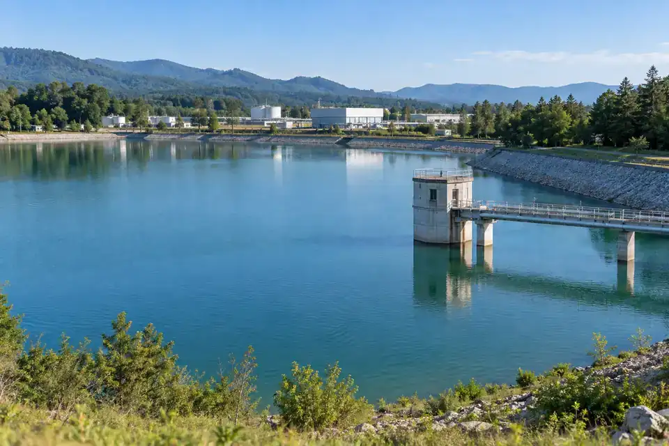 Industrial raw-water reservoir with an intake structure, service path and factory utilities in the distance