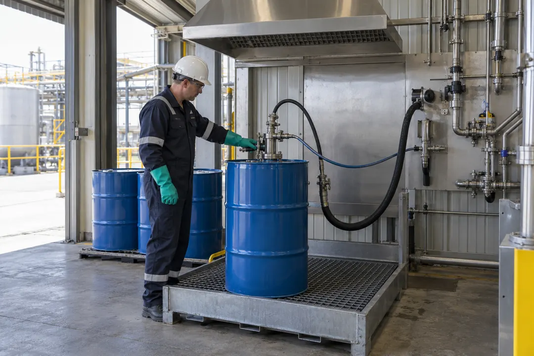 Covered recovered-solvent drum filling station with closed filling head and clean industrial steel drums