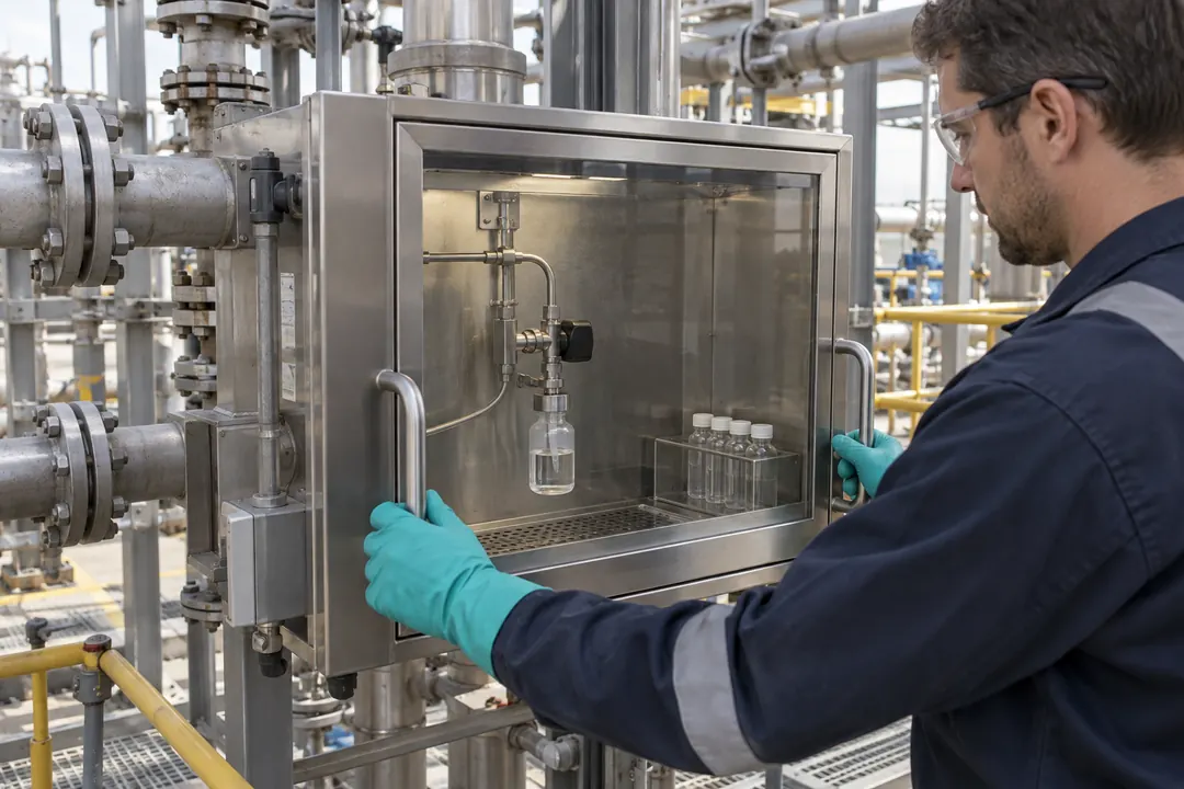 Reclaimed-solvent quality-control sampling enclosure with closed sample bottles and organized industrial laboratory tools