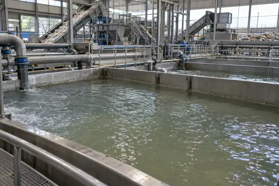 Recycling facility washing area with water-holding tanks, material-processing equipment and accessible service paths