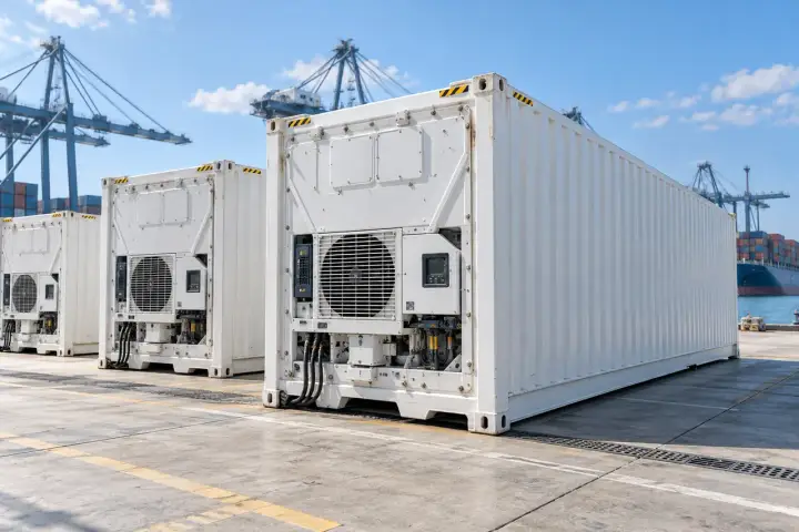 Refrigerated shipping containers with visible cooling units at a port depot