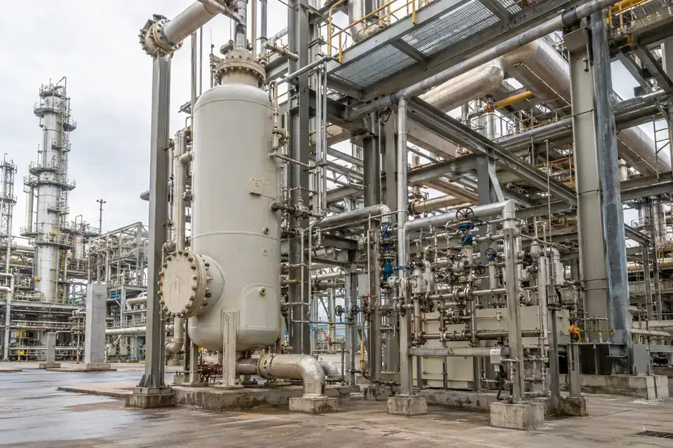 Refinery sour-gas service area with process piping, valve assemblies and accessible industrial walkways