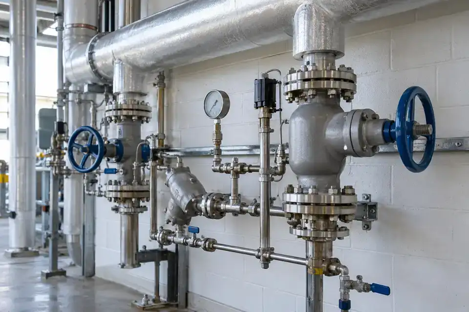 Industrial refrigeration valve station with insulated pipes, service valves and accessible maintenance space