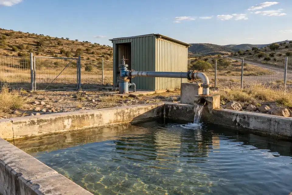 Remote service-water well installation with a protected wellhead, pump pipe and open site access