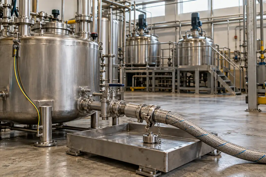 Closed reclaimed-solvent day-tank transfer coupling and return hose beside formulation production vessels