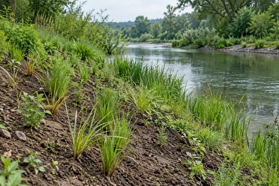 New native shrubs and young trees planted in soil along a vegetated riverbank