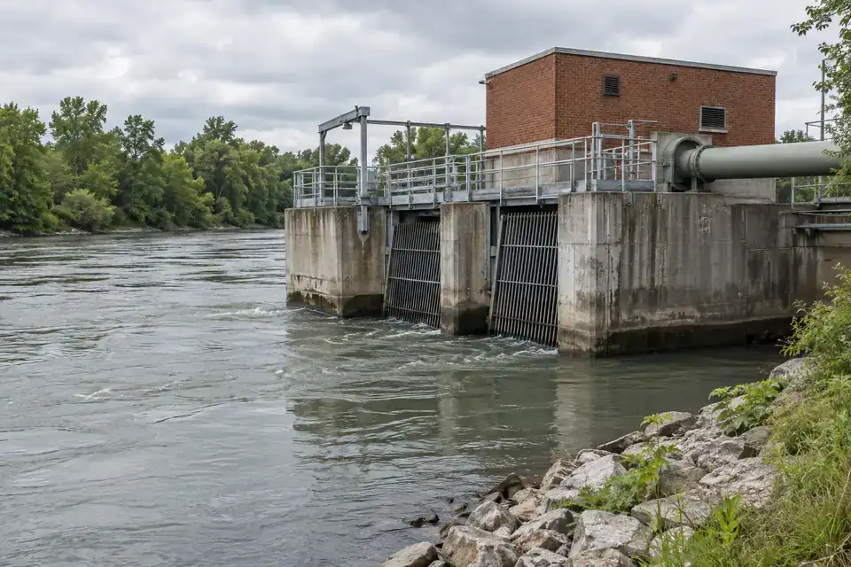 River beside an industrial water-intake structure with an inspection platform and visible waterline