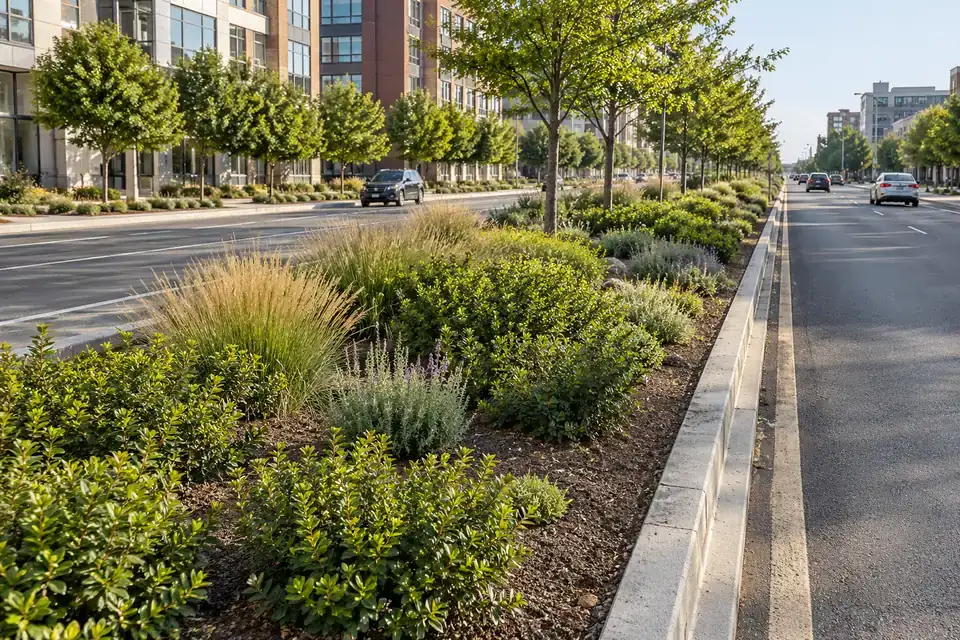 Long planted road median with maintained shrubs and trees between urban traffic lanes
