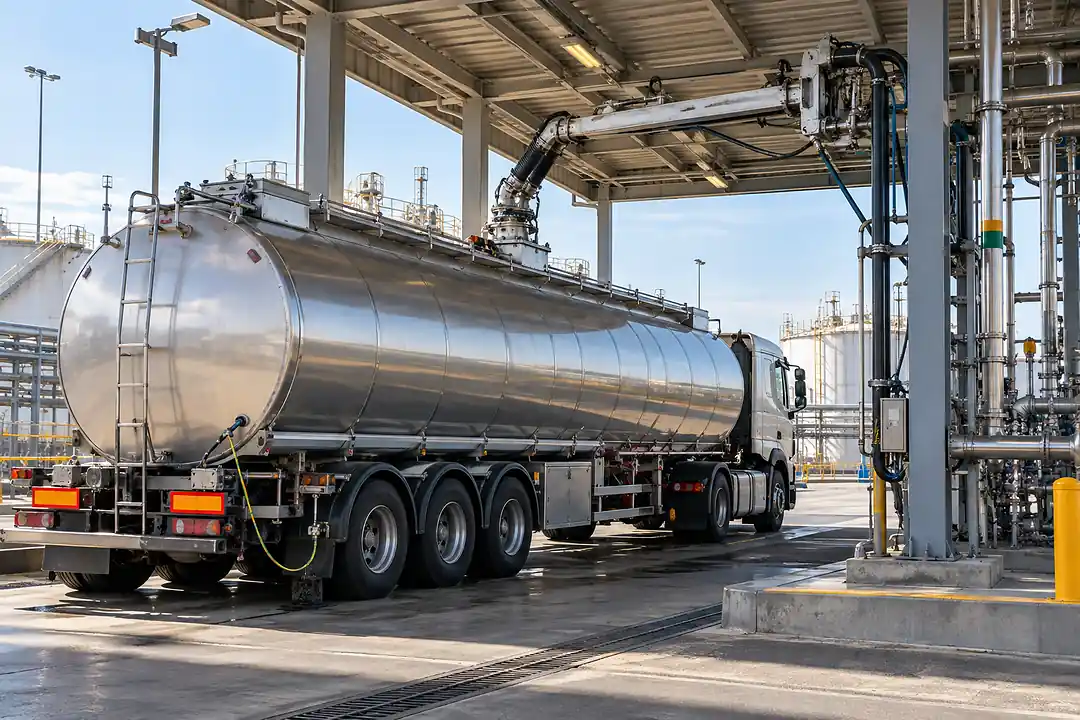 Petroleum road tanker connected to an industrial loading arm at an organized bulk terminal transfer bay