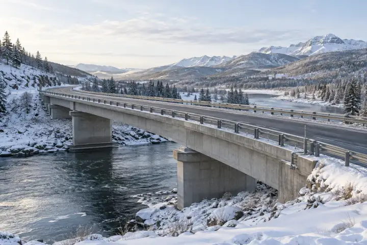 Road bridge deck and infrastructure in cold-weather conditions
