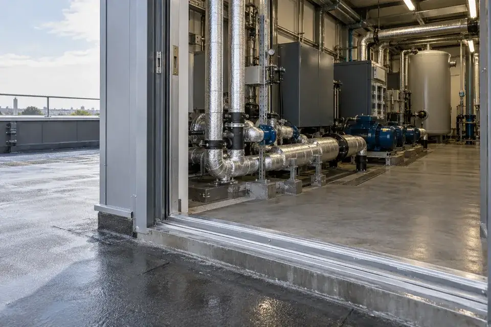 Rooftop plant-room doorway opening onto pumps and insulated building services