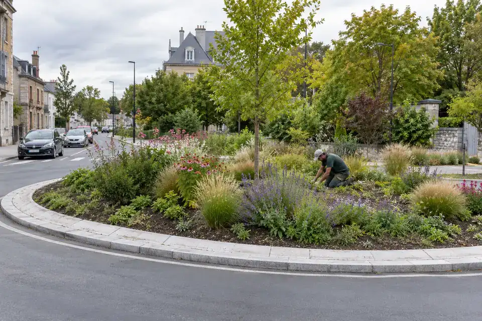 Landscaped urban roundabout with a raised central planting bed and flowering perimeter plants