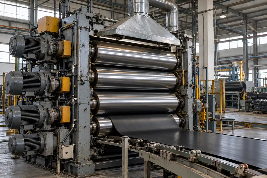 Four-roll rubber calender with black rubber sheet and a capture hood in a modern tire manufacturing hall