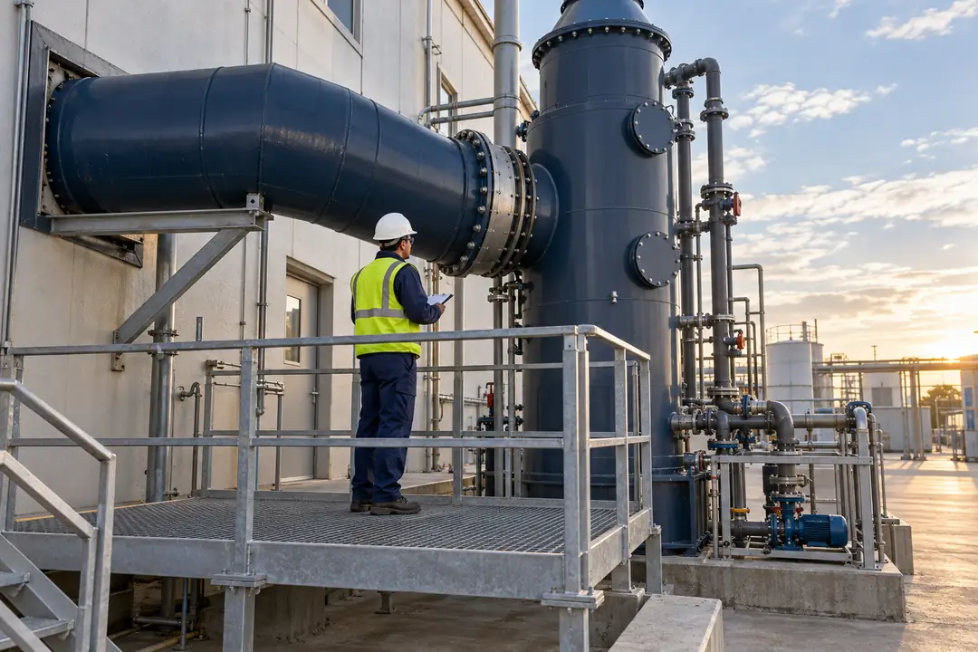 Closed organic-vapor exhaust duct entering a wet absorption tower beside its accessible external service platform