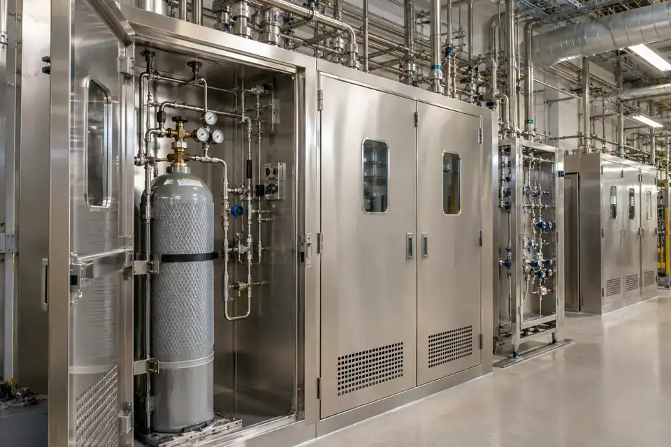 Semiconductor specialty-gas utility area with enclosed gas cabinets, organized stainless-steel pipework and clean service access