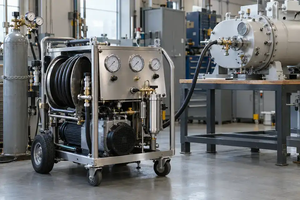 SF6 recovery and electrical testing facility with a recovery cart, secured gas cylinders and a switchgear test assembly
