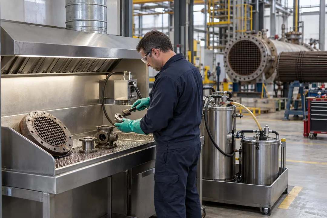Solvent-cleaning bench for isolated maintenance parts with a capture hood and closed fluid containers