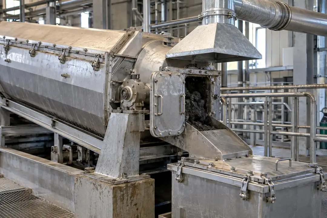 Covered industrial sludge press discharge with service opening and local vapor extraction hood.