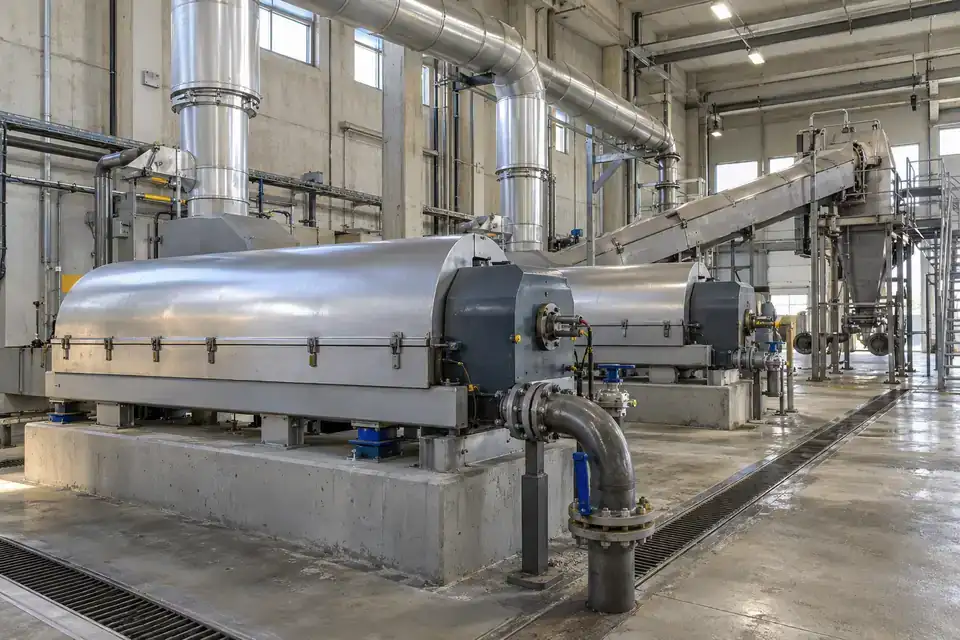 Industrial sludge-handling room with dewatering equipment, covered transfers and ventilation services