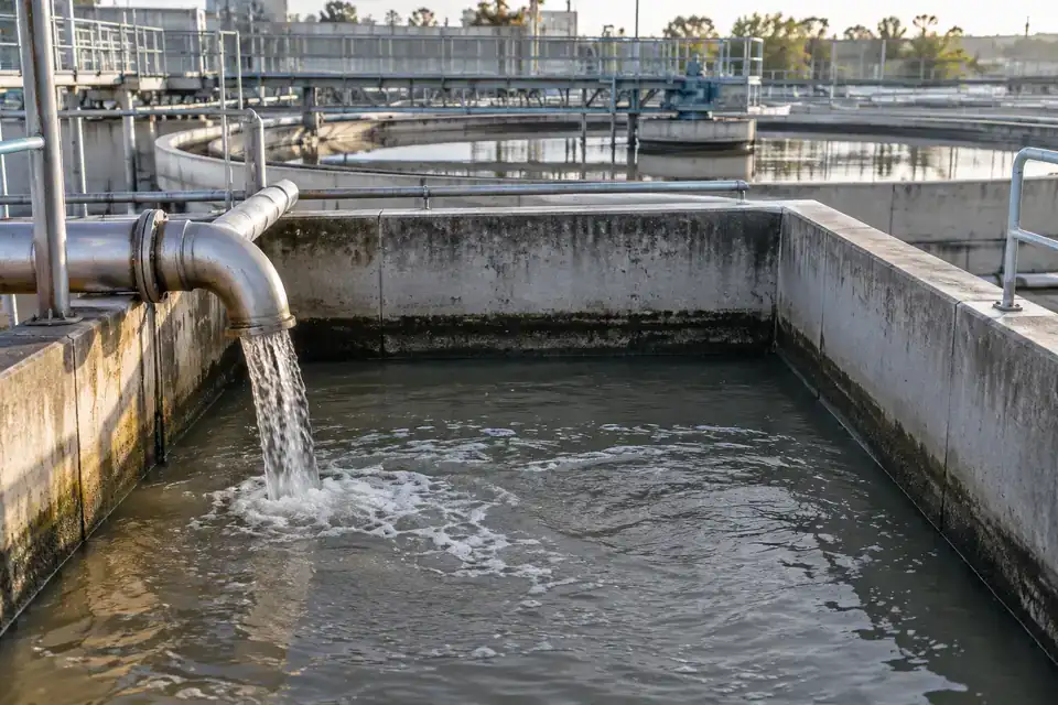 Wastewater sludge-separation equipment beside a supernatant liquid collection tank with accessible service deck