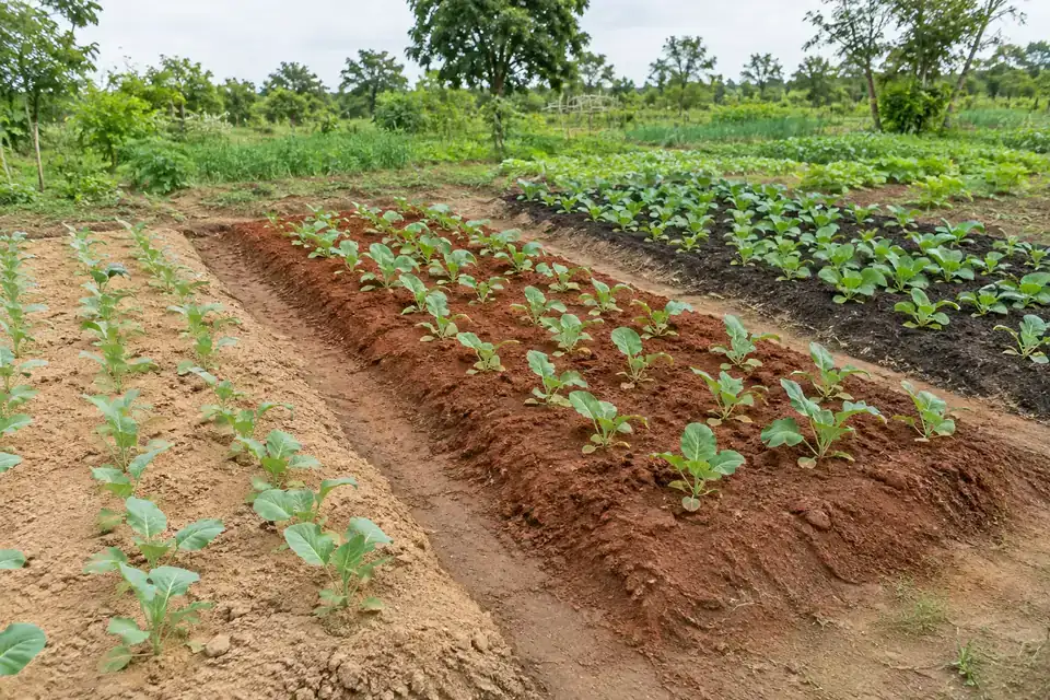 Soil research comparison area showing sandy, loamy and clay-rich soil samples beside labelled field plots