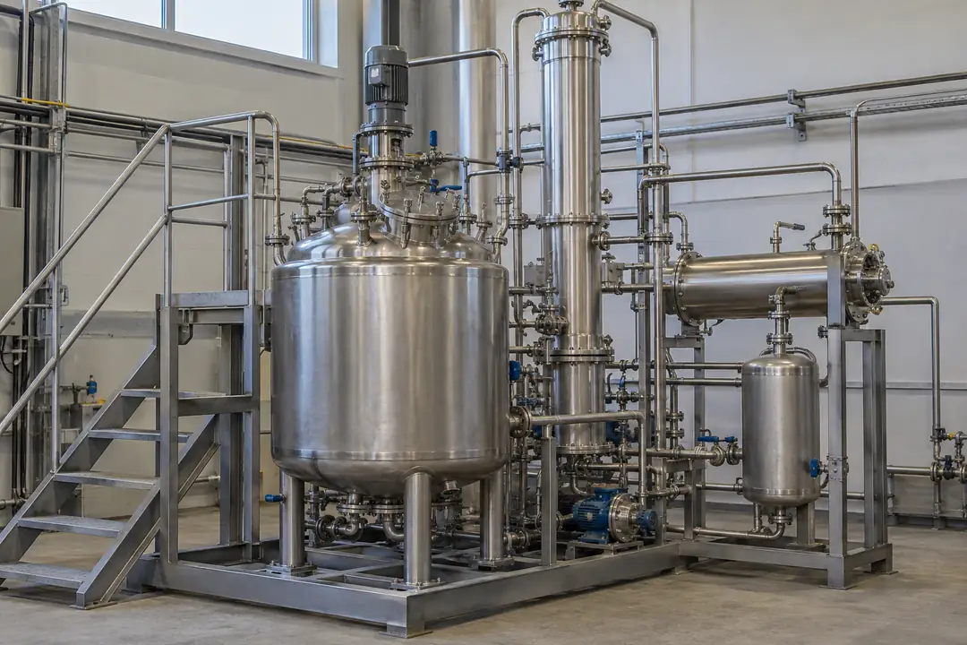 Compact industrial solvent recovery distillation still with closed vessels and organized heating and transfer connections