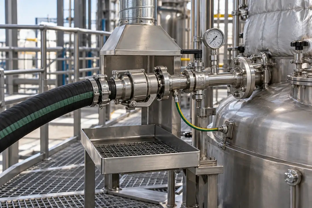 Closed solvent hose coupling beside a reactor charging port with spill tray and local extraction