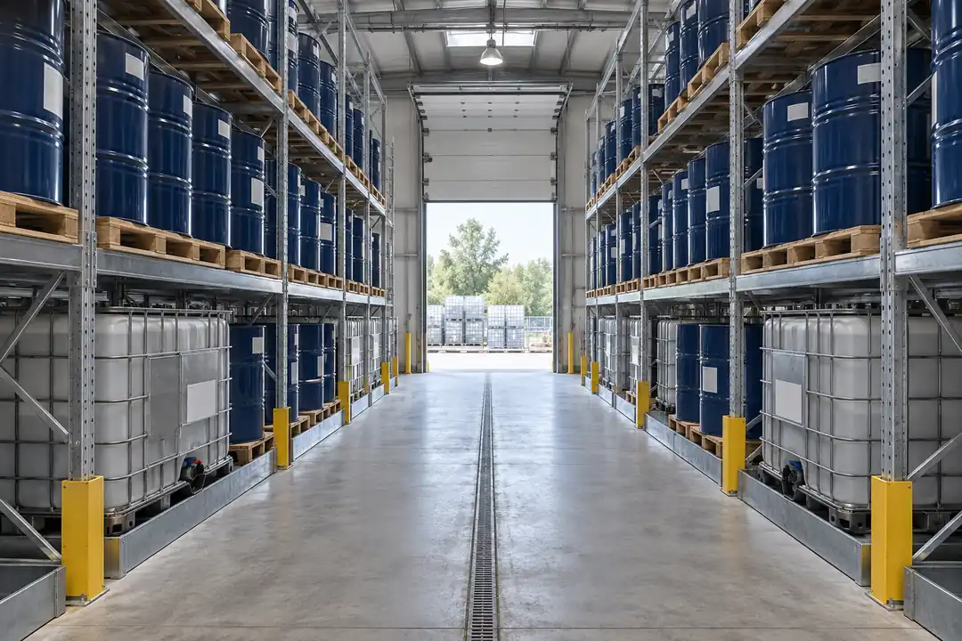 Segregated packaged-solvent warehouse with closed drums on industrial racks and a clear inspection aisle