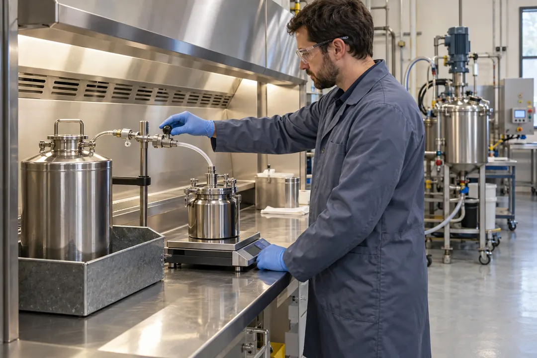 Specialty formulation solvent dosing into a covered weighed vessel under local extraction