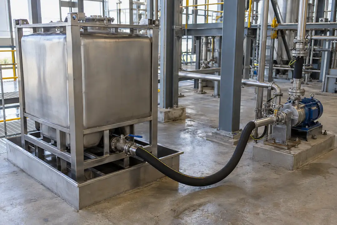 Spent-solvent tote connected to an enclosed industrial recovery feed system with filter and transfer pipework