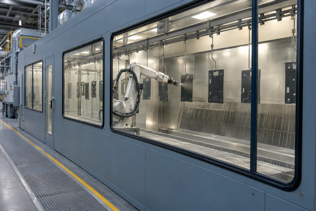 Enclosed industrial metal-parts spray coating line with booth ventilation and suspended workpieces