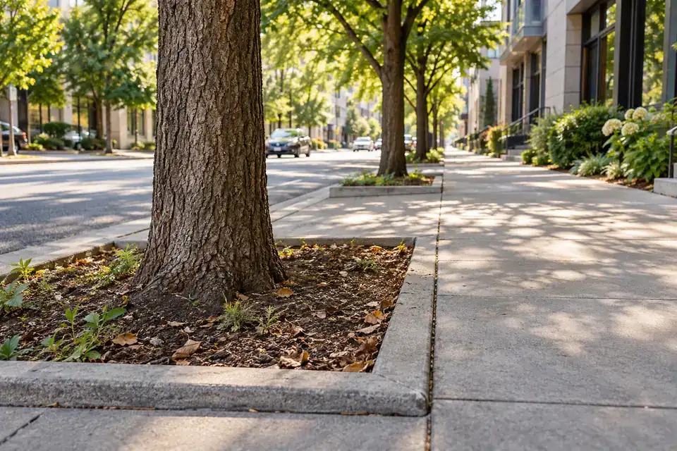 Urban street trees in individual soil planting pits beside a paved pedestrian walkway