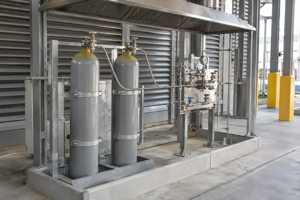 Industrial sulfur-dioxide transfer station with secured gas cylinders, a transfer manifold and organized service pipework