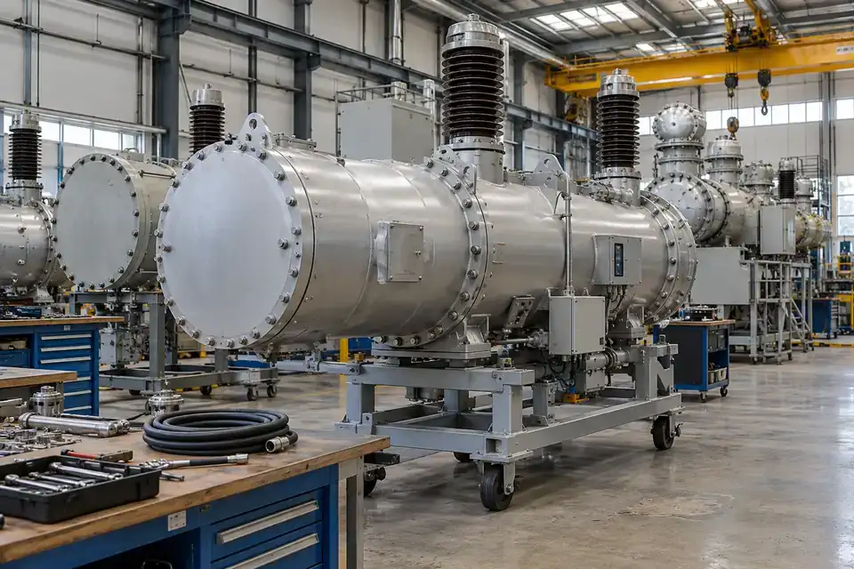 Electrical switchgear maintenance workshop with a switchgear assembly, service bench and SF6 recovery equipment