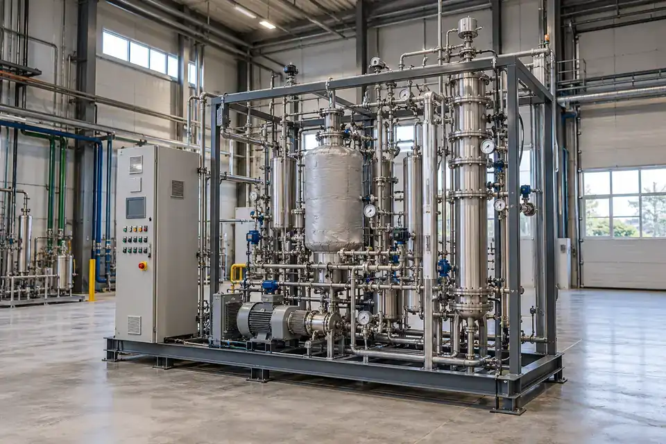 Industrial syngas pilot skid with process vessels, gas manifolds, instrument tubing and an accessible test area