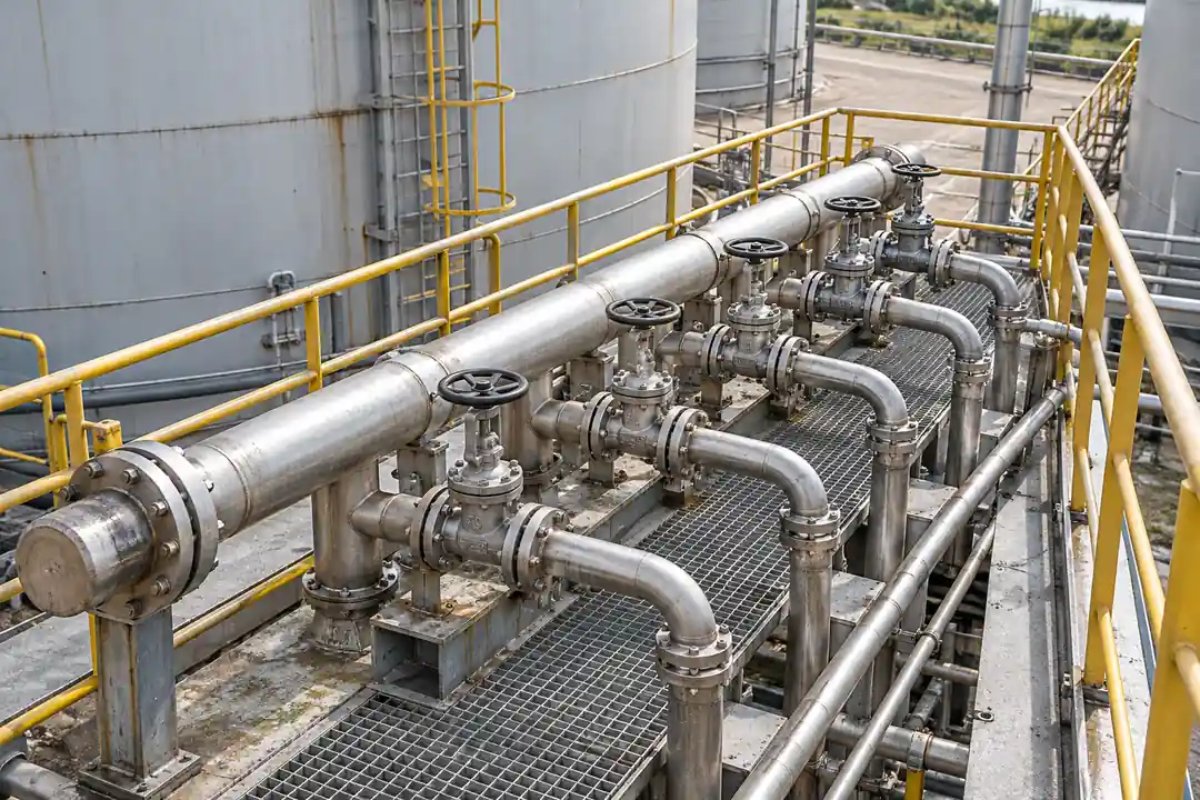 Bulk solvent tank valve manifold and maintenance access platform with organized valves and transfer pipework