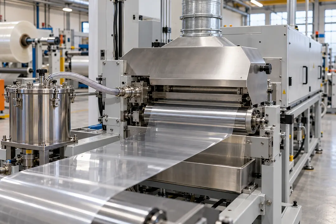 Covered solvent-adhesive feed pot and extraction hood at a narrow-web tape coating head