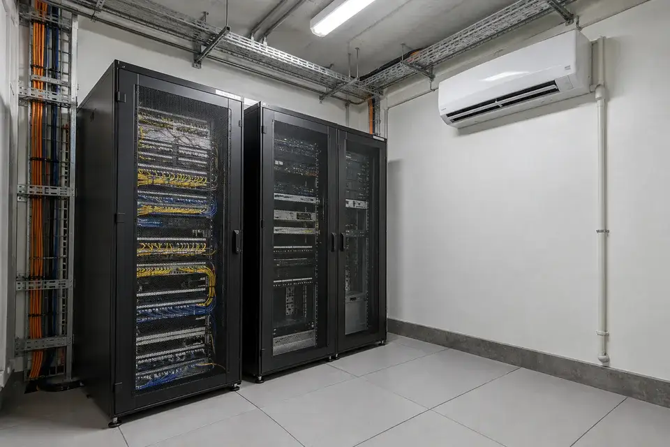 Telecom equipment racks beside a wall-mounted cooling unit and condensate drain route