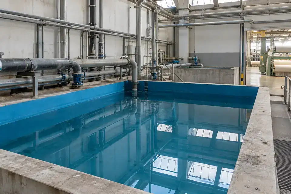 Textile factory utility area with process-water buffer tank, pipes and recognizable fabric-processing equipment