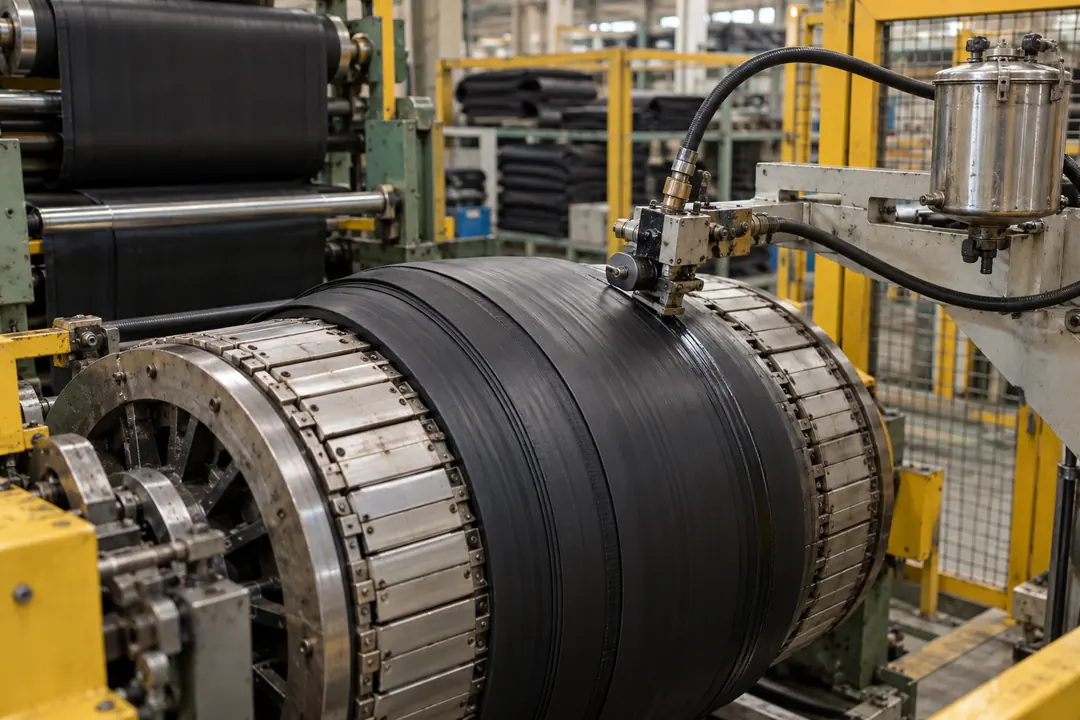 Tire-building rotating drum with metered rubber cement applicator and local capture hood in a production hall