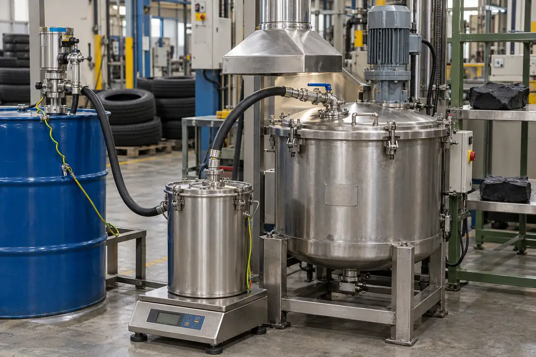 Closed solvent drum transfer and covered rubber cement mixer in a tire preparation workshop