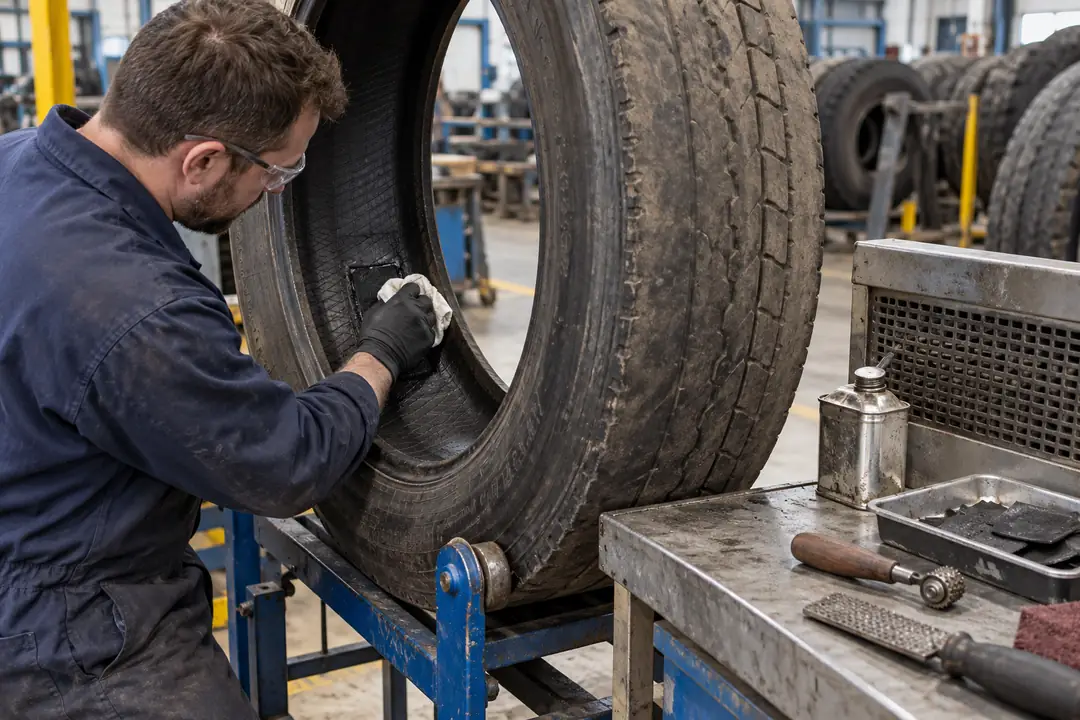 Industrial tire retread repair station with a large tire casing, solvent-cleaning tools and bench extraction