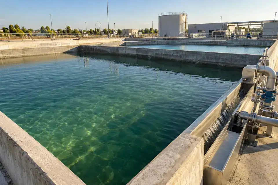 Industrial treated-effluent holding tank with clear water surface and orderly downstream discharge pipework