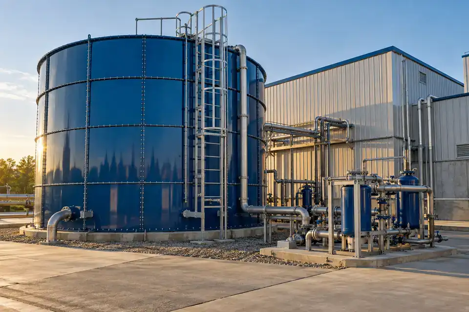 Clean industrial treated-water storage installation with tanks, filters and orderly service pipes