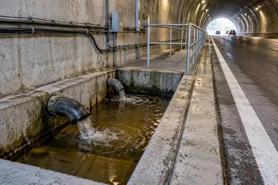 Industrial service tunnel with drainage channels leading to a sump beside an accessible maintenance walkway