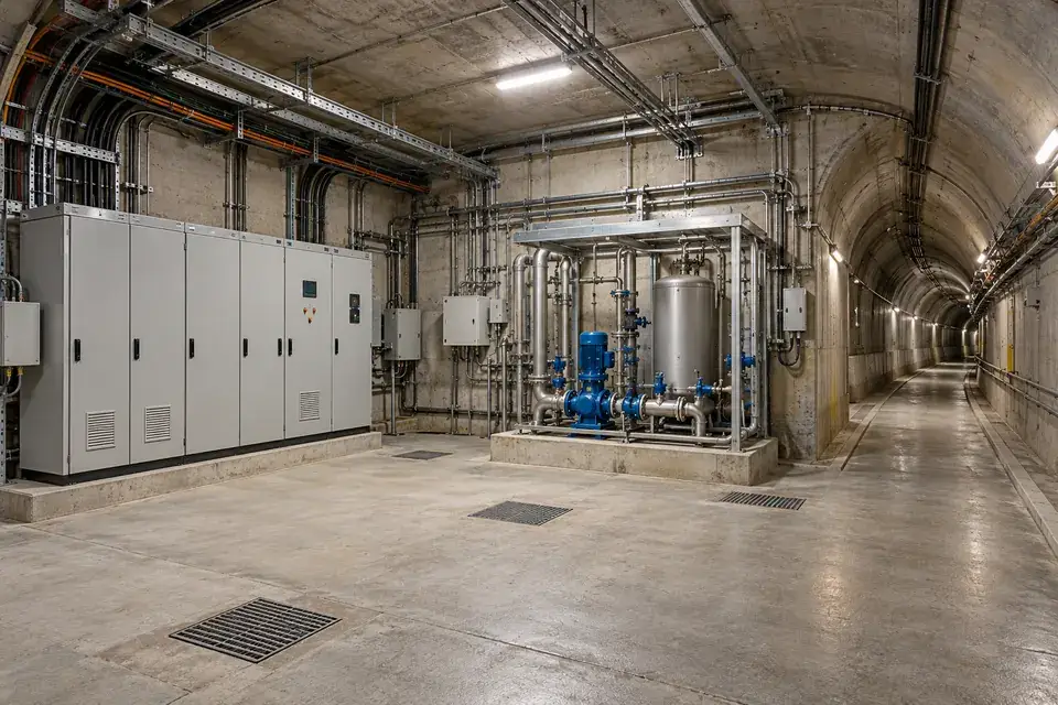 Tunnel maintenance alcove with complete control cabinets, pumping equipment, covered drains and an accessible dry service passage