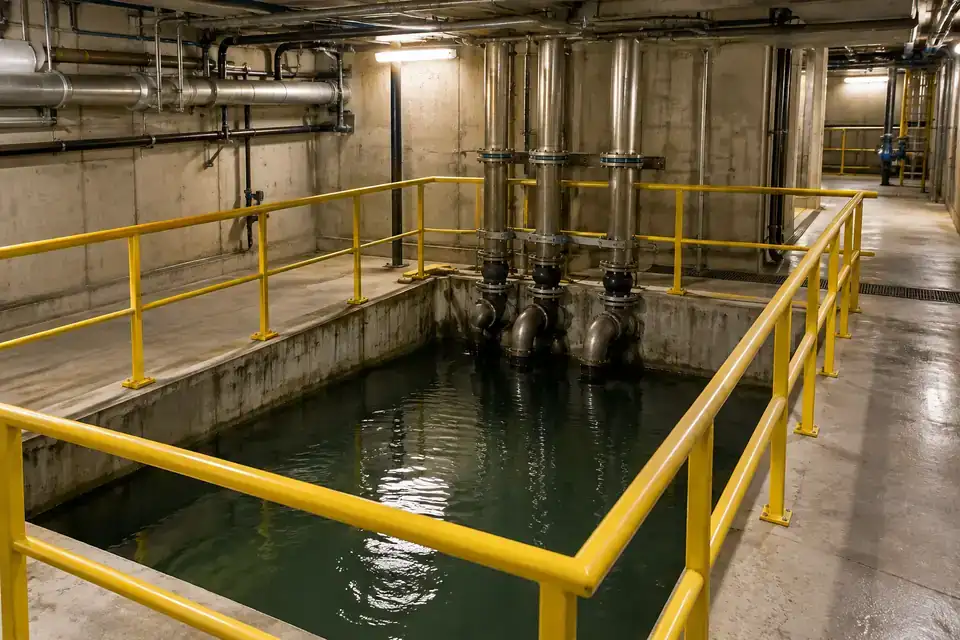 Below-grade industrial service area with a recessed lift pit, drainage piping and a clear inspection route