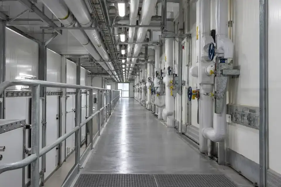 Industrial utility corridor with insulated pipework and accessible valve stations